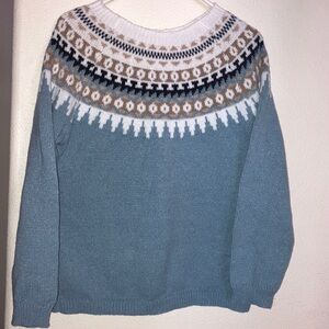 Women's Soft Blue Sweater with  Tan Black & White Patterned‎ Top XL